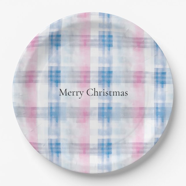 Pink Blue White Plaid Stripes Christmas Paper Plate (Front)