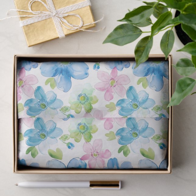 Pink Blue White Plaid Stripes Floral Birthday Tissue Paper (Gift)