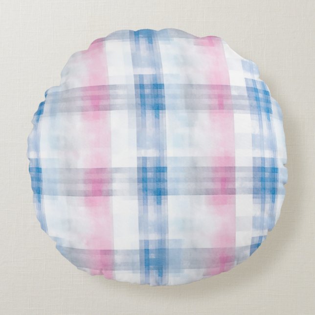 Pink Blue White Plaid Stripes Round Cushion (Front)