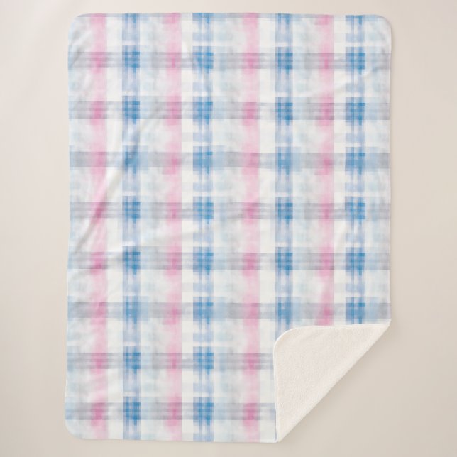 Pink Blue White Plaid Stripes Sherpa Blanket (Front)