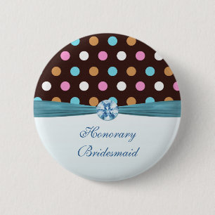 Pink, blue, white polka dot Honorary Bridesmaid 6 Cm Round Badge