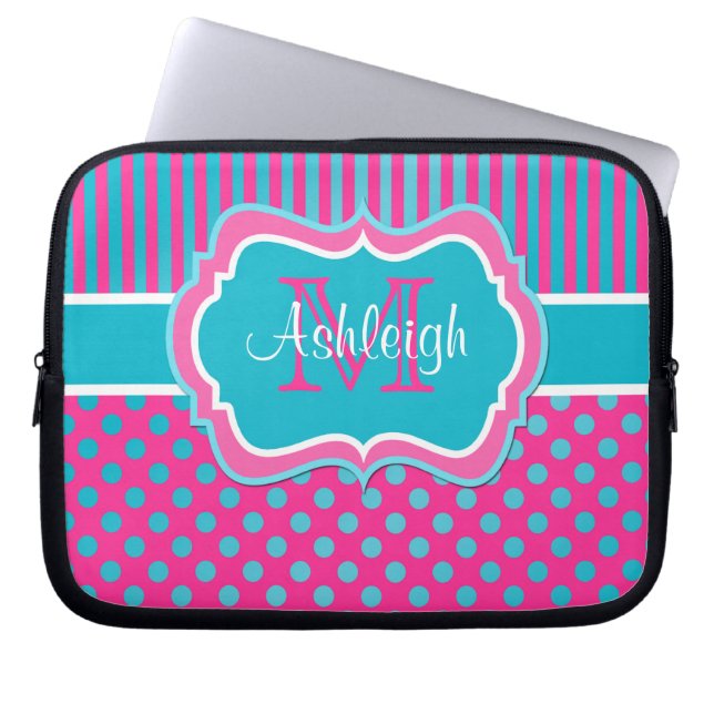 Pink Blue White Polka Dots Striped Laptop Sleeve (Front)
