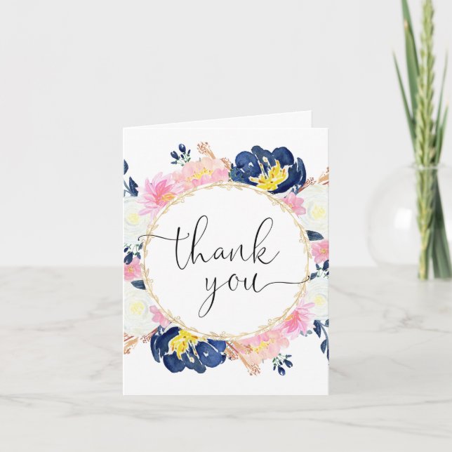 Pink blue white yellow gold floral thank you card (Front)