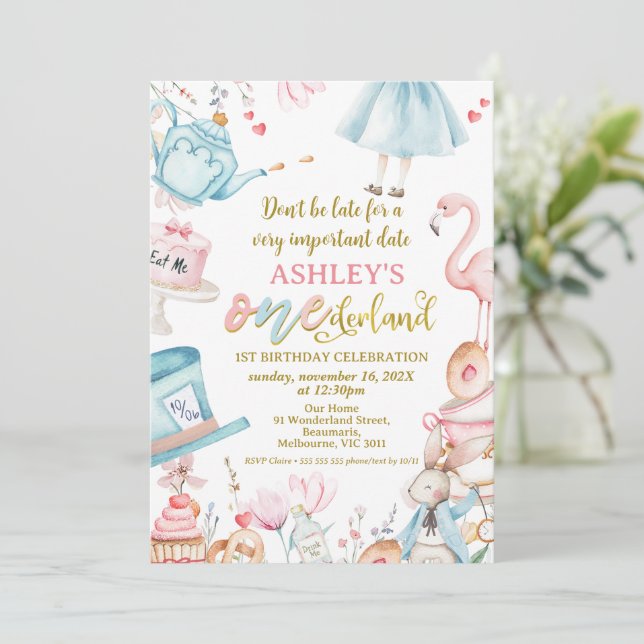 Pink Blue Wildflower Alice Onederland 1st Birthday Invitation (Standing Front)