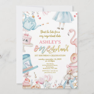 Pink Blue Wildflower Alice Onederland 1st Invitation