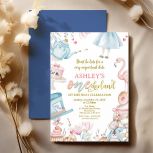 Pink Blue Wildflower Alice Onederland 1st Invitation