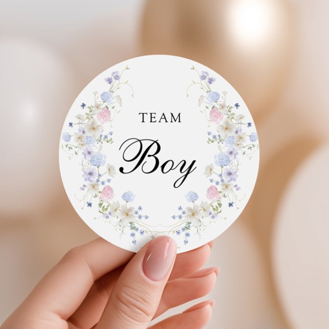 Pink & Blue Wildflower Gender Reveal Team Boy Classic Round Sticker (Creator Uploaded)