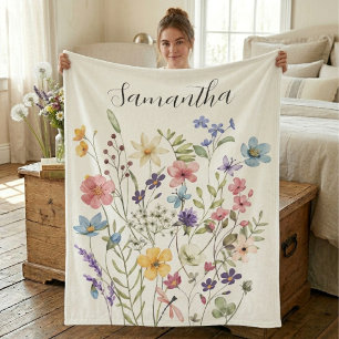 Pink Blue Wildflower Watercolor Name Fleece Blanket