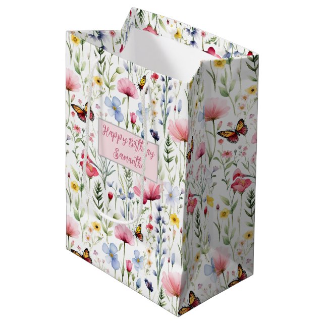 Pink Blue Wildflowers Butterflies Birthday for her Medium Gift Bag (Front Angled)