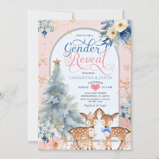 Pink Blue Winter Deer Christmas Gender Reveal Invitation (Front)