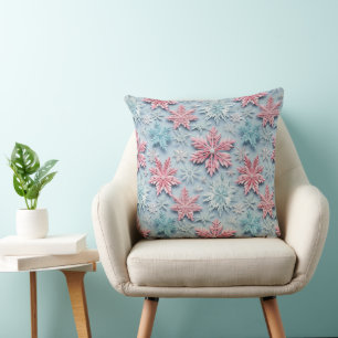 PINK & BLUE WINTER EMBROIDERED LOOK SNOWFLAKES CUSHION