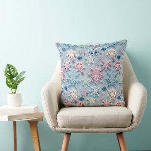 PINK & BLUE WINTER EMBROIDERED LOOK SNOWFLAKES CUSHION