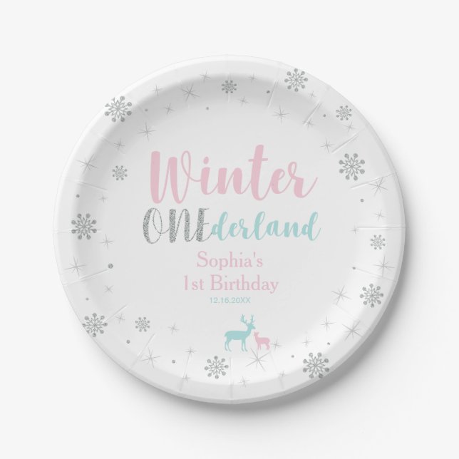Pink & Blue Winter Onederland 1st Birthday Party Paper Plate (Front)