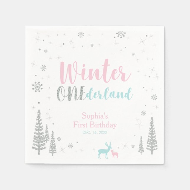 Pink & Blue Winter Onederland Girl 1st Birthday Napkin (Front)