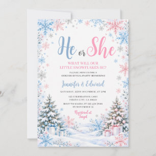 Pink Blue Winter Snowflakes Gender Reveal Floral Invitation