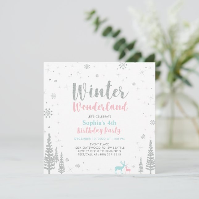 Pink & Blue Winter Wonderland Girl Birthday Invitation (Standing Front)