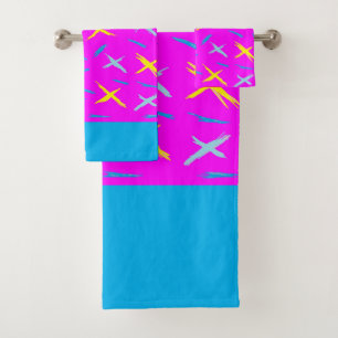 Pink blue with crosses in yellow and paler blue bath towel set