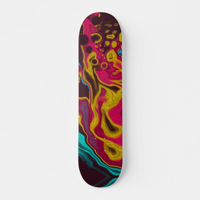 Pink Blue Yellow Abstract Acrylic Pour Fluid Art Skateboard (Front)