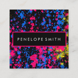 Pink Blue Yellow Black Paint Splatter   Square Business Card