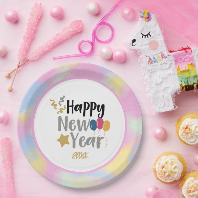 Pink, Blue Yellow Clouds New Year Party Supplies  Paper Plate (Party)