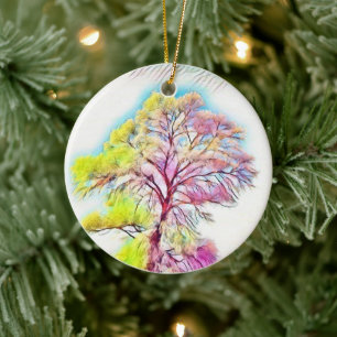 Pink, blue, yellow Colour painting of a Snowed Tre Ceramic Tree Decoration
