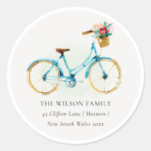 Pink Blue Yellow Floral Bike We have Moved Address Classic Round Sticker