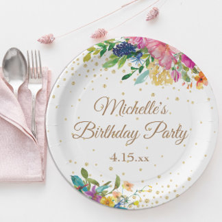 Pink Blue Yellow Floral Birthday Party Paper Plate