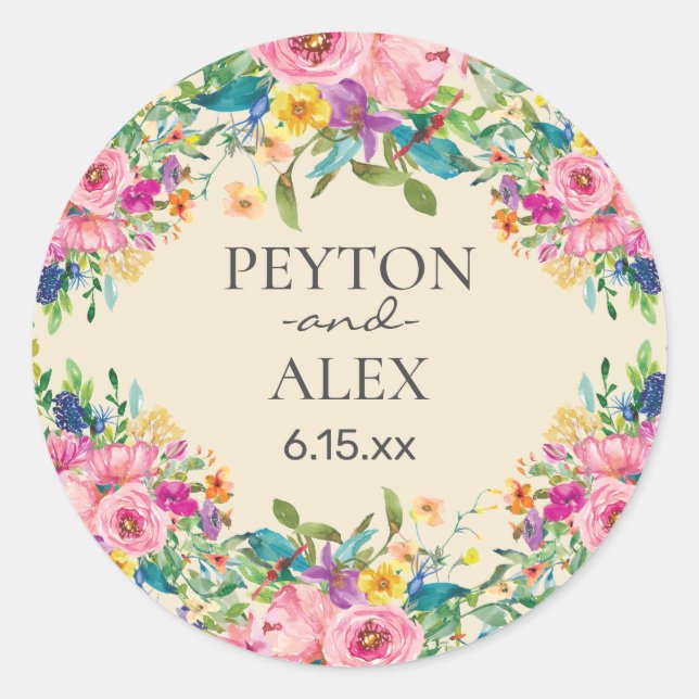 Pink Blue Yellow Floral Bride Groom Wedding Classic Round Sticker (Front)
