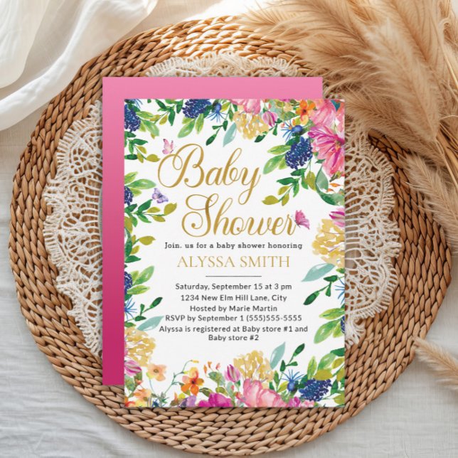 Pink Blue Yellow Floral Butterflies Baby Shower Invitation (Pink, blue, and yellow watercolor floral and butterflies baby girl baby shower invitation)