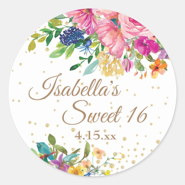 Pink Blue Yellow Floral Sweet 16 Classic Round Sticker (Front)