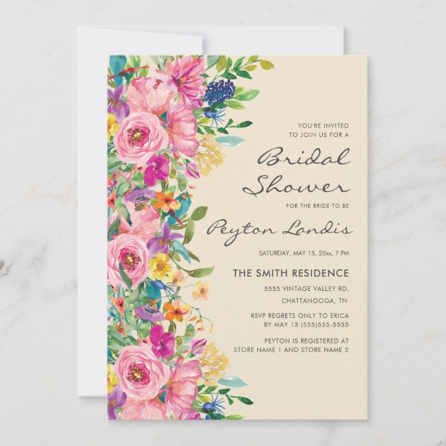 Pink Blue Yellow Floral Wildflowers Bridal Shower  Invitation (Front)