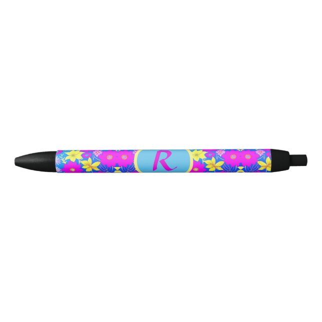 Pink blue yellow flower pattern background add nam black ink pen (Front)