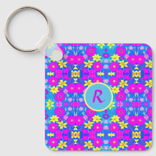 Pink blue yellow flower pattern background add nam key ring