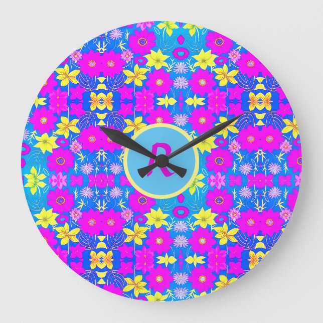 Pink blue yellow flower pattern background add nam large clock (Front)