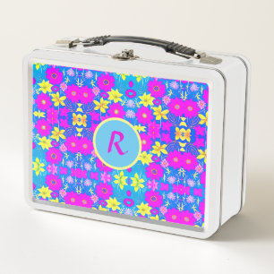 Pink blue yellow flower pattern background add nam metal lunch box