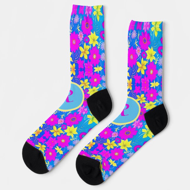 Pink blue yellow flower pattern background add nam socks (Left)