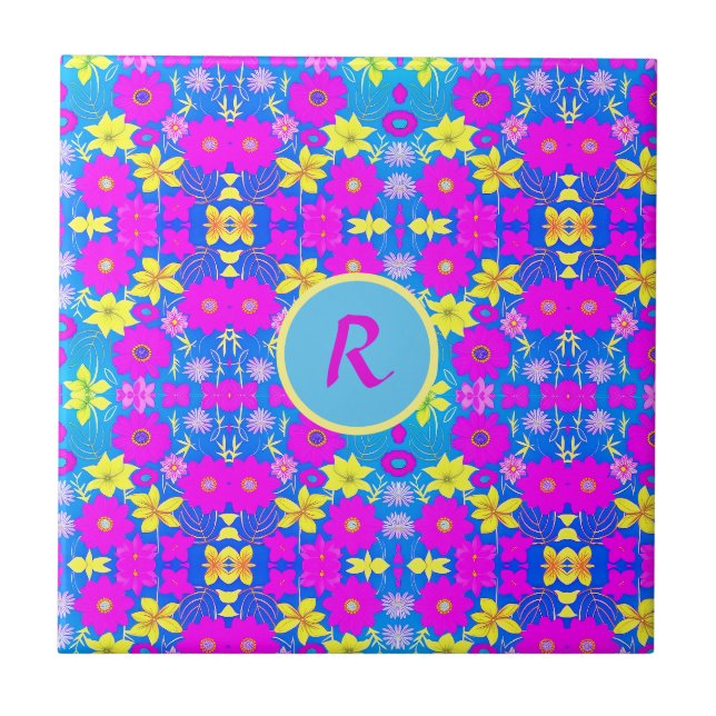 Pink blue yellow flower pattern background add nam tile (Front)