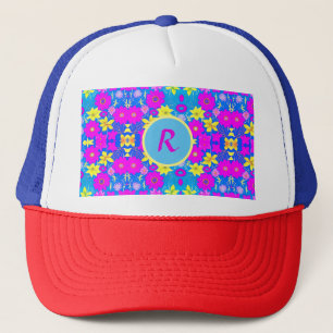 Pink blue yellow flower pattern background add nam trucker hat
