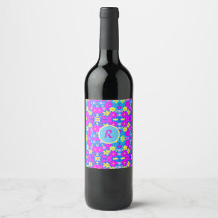 Pink blue yellow flower pattern background add nam wine label