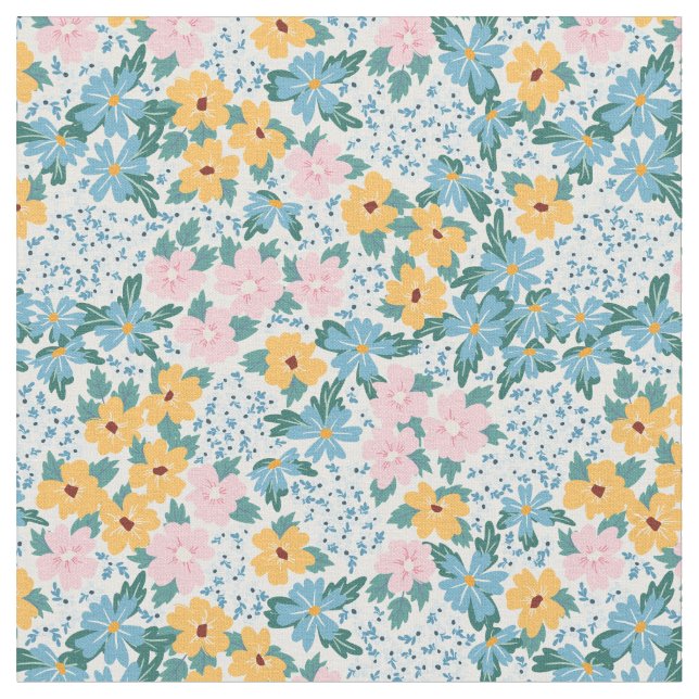 Pink Blue Yellow Flowers Floral Pattern Fabric (Close Up)