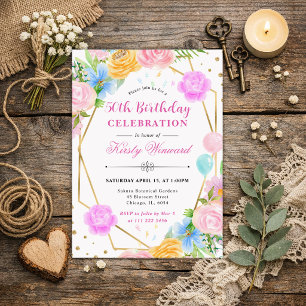Pink Blue Yellow Flowers Gold Frame 50th Birthday Invitation