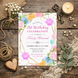 Pink Blue Yellow Flowers Gold Frame Birthday Invitation