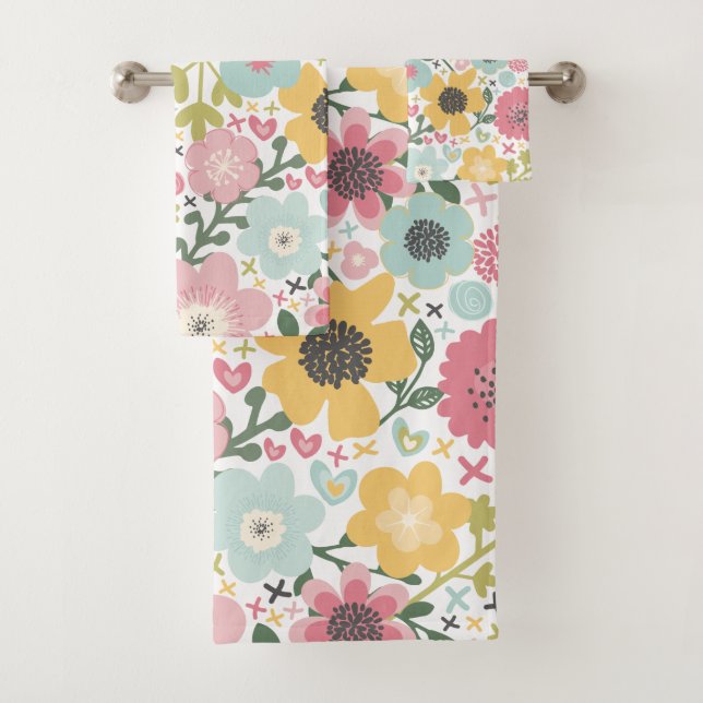 Pink Blue Yellow Flowers Modern Floral  Bath Towel (Insitu)