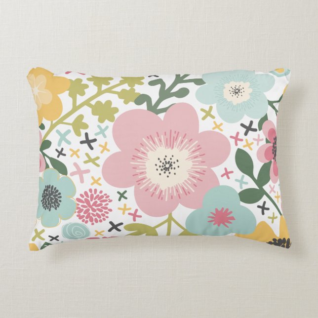 Pink Blue Yellow Flowers Modern Floral  Decorative Cushion (Front)