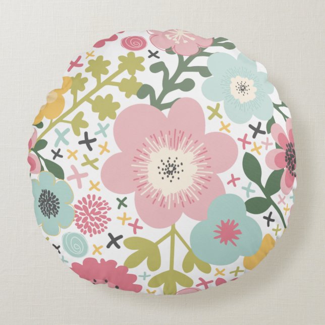 Pink Blue Yellow Flowers Modern Floral  Round Cushion (Front)