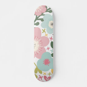 Pink Blue Yellow Flowers Modern Floral Skateboard
