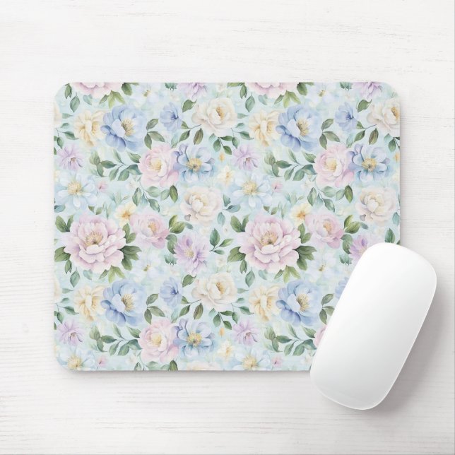 Pink Blue Yellow Flowers Mouse Mat (With Mouse)