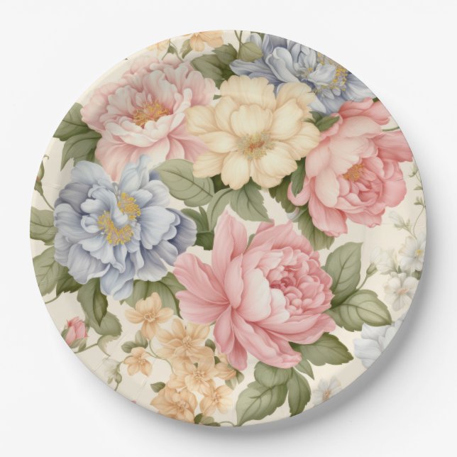 Pink Blue Yellow Flowers Paper Plate (Front)