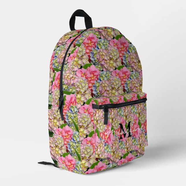pink blue yellow green floral hydrangeas  printed backpack (Back Corner Left)