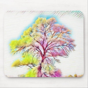 Pink, blue, yellow green painting of a Snowed Tree Mouse Mat